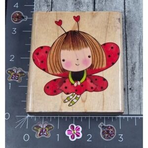 Penny Black Love Antennae Girl Ladybug Hearts 4119J Rubber Stamp Wood #L66